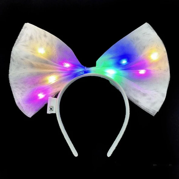Rengarenk Led Işıklı Fiyonk Şekilli Tül Parti Tacı Beyaz Renk 25x25 cm ürün görseli 1