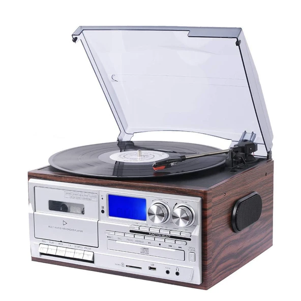 KN-110 Walnut Bluetooth Kumandalı Cdli Kaset Usb Radyo 33-45-78 Plaklar Çalar Pikap ürün görseli 1