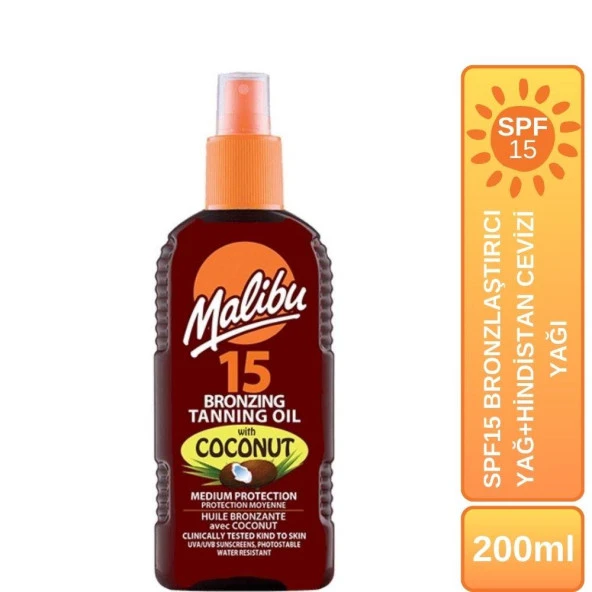 Malibu Güneş Koruyucu Bronzlaştırıcı Yağ+Hindistan Cevizi Yağı SPF15 200ml ürün görseli 1