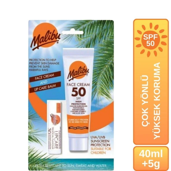 Malibu Güneş Koruyucu Yüz Losyonu SPF50 + Dudak Koruyucu & Nemlendirici SPF30 ürün görseli 1