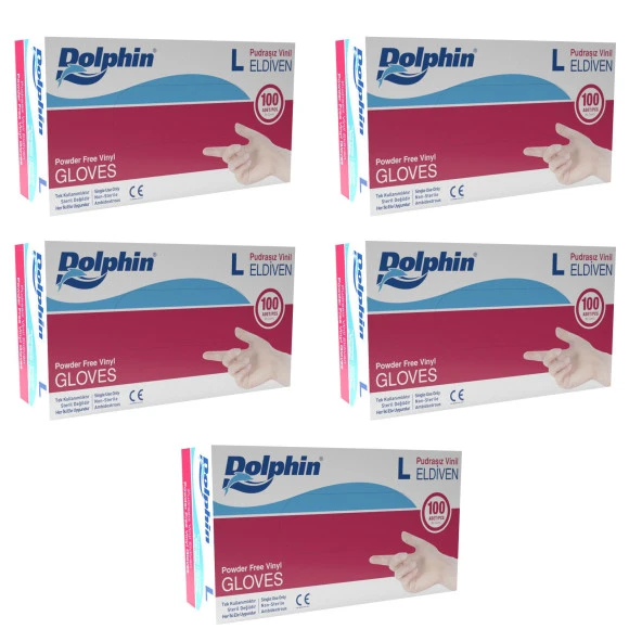 Dolphin Pudrasız Vinil Vinyl Tek Kullanımlık Eldiven Şeffaf Large Büyük Boy - 100'lü 5 Paket ürün görseli 1