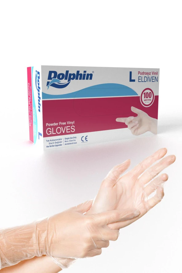 Dolphin Pudrasız Vinil Vinyl Tek Kullanımlık Eldiven Şeffaf Large Büyük Boy - 100'lü Paket ürün görseli 1