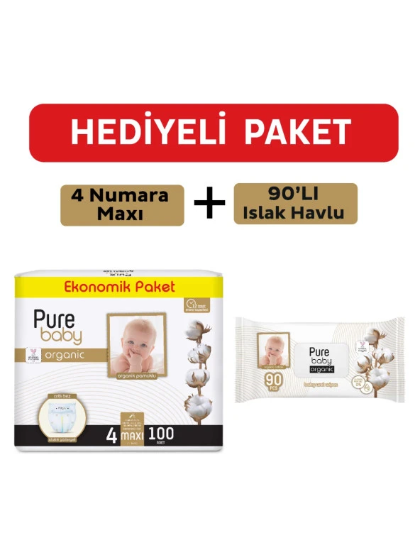 Pure Baby Organik Pamuklu Cırtlı Bez 4 Numara Maxi 100 Adet + Organik Pamuklu Islak Havlu 90 Yaprak ürün görseli 1