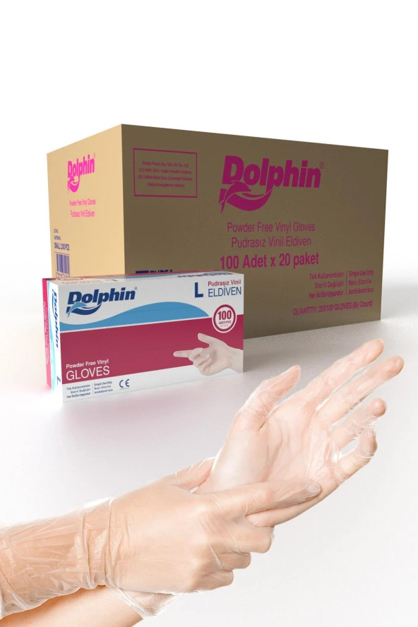 Dolphin Pudrasız Vinil Vinyl Tek Kullanımlık Eldiven Şeffaf Large Büyük Boy - 100'lü 20 Paket -Koli ürün görseli 1
