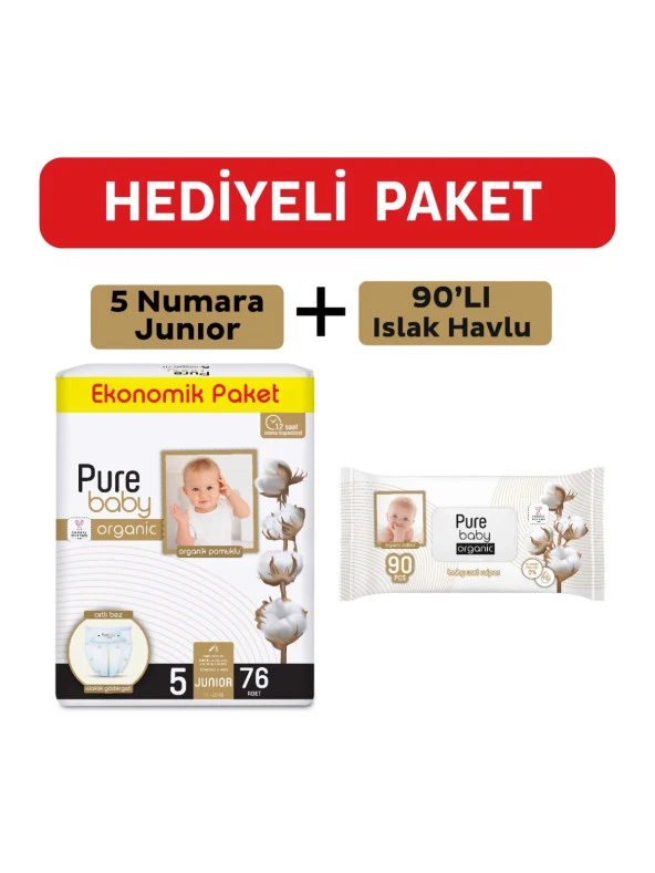 Pure Baby Organik Pamuklu Cırtlı Bez 5 Numara Junior 76 Adet + Organik Pamuklu Islak Havlu 90 Yaprak ürün görseli 1