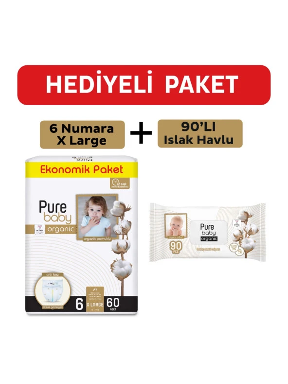 Pure Baby Organik Pamuklu Cırtlı Bez 6 Numara Xlarge 60 Adet + Organik Pamuklu Islak Havlu 90 Yaprak ürün görseli 1