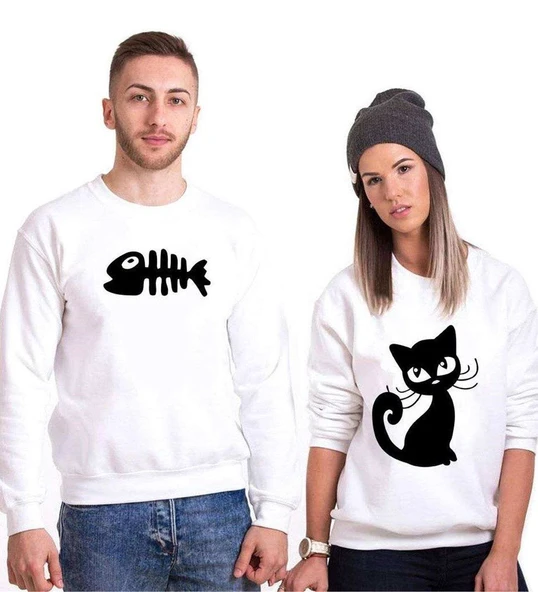 Tshirthane Kedi Ve Balık Cat Fish Sevgili Kombinleri Sweatshirt Kombini ürün görseli 1