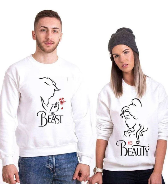 Tshirthane Beast Beauty Gül Sevgili Kombinleri Sweatshirt Kombini ürün görseli 1