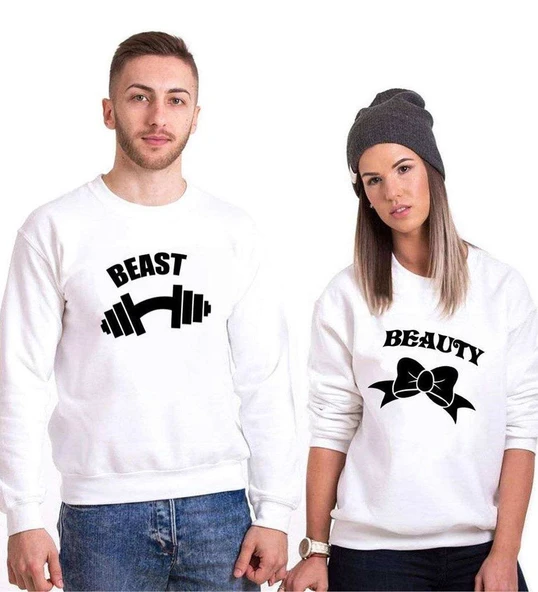 Tshirthane Beast Beauty Dumbell Kurdele  Sevgili Kombinleri Sweatshirt Kombini ürün görseli 1