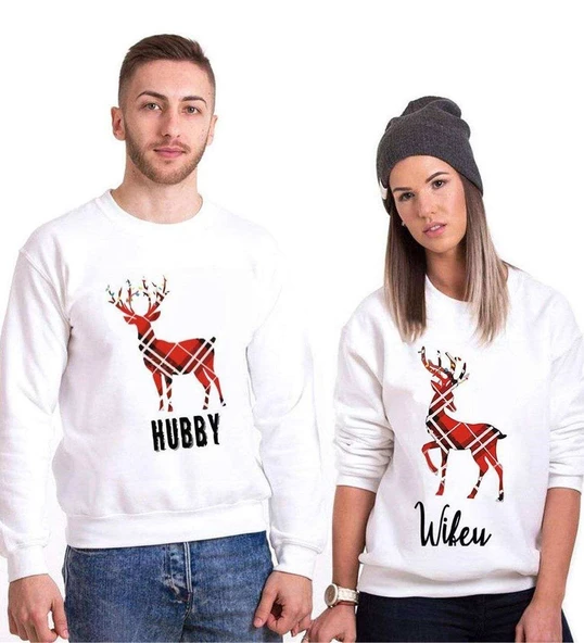 Tshirthane Hubby Wifey Geyik  Sevgili Kombinleri Sweatshirt Kombini ürün görseli 1