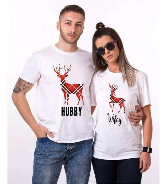 Tshirthane Hubby Wifey Geyik  Sevgili Kombinleri Tshirt Kombini ürün görseli 1