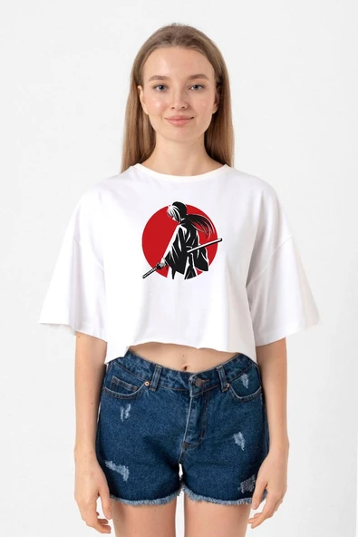 Rurouni Kenshin Samurai Logo Beyaz Kadın Crop Tshirt ürün görseli 1