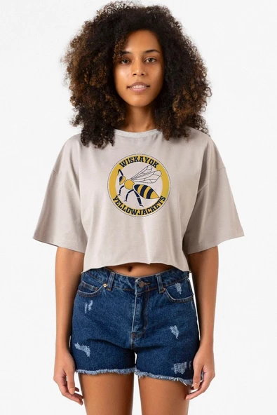 Wiskayok Yellowjackets Logo Taş Rengi Kadın Crop Kapşonlu ürün görseli 1