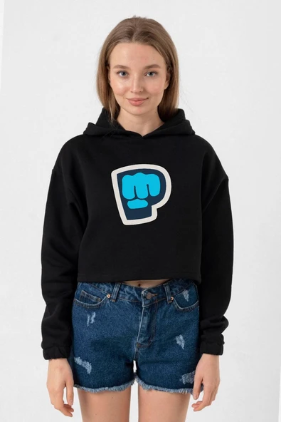 PiewDiePie Active Siyah Kadın Crop Kapşonlu ürün görseli 1