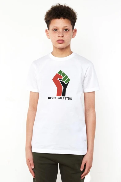 Hand Free Palestine Beyaz Çocuk Bisikletyaka Tshirt ürün görseli 1