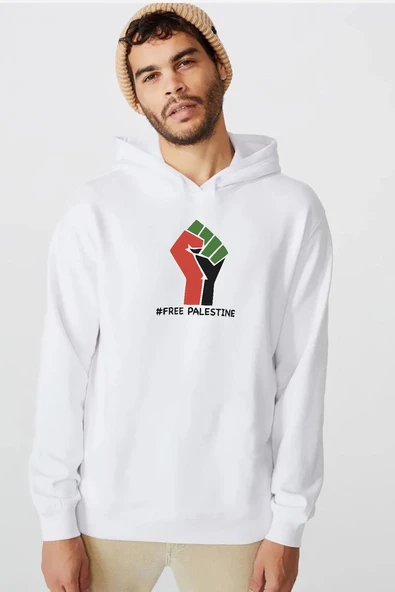 Hand Free Palestine Beyaz Erkek 3ip Kapşonlu  Sweatshirt ürün görseli 1