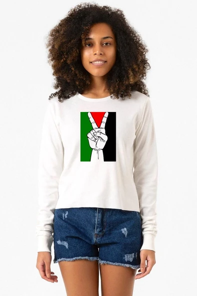 Free Hand Palestine Flag Ekru Ekstra Uzunkol Sweatshirt ürün görseli 1