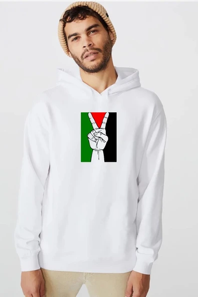 Free Hand Palestine Flag Beyaz Erkek 3ip Kapşonlu  Sweatshirt ürün görseli 1
