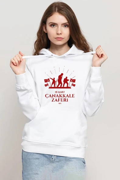 18 Mart Çanakkale Savaşı Red Beyaz Kadın 3ip Kapşonlu Sweatshirt ürün görseli 1