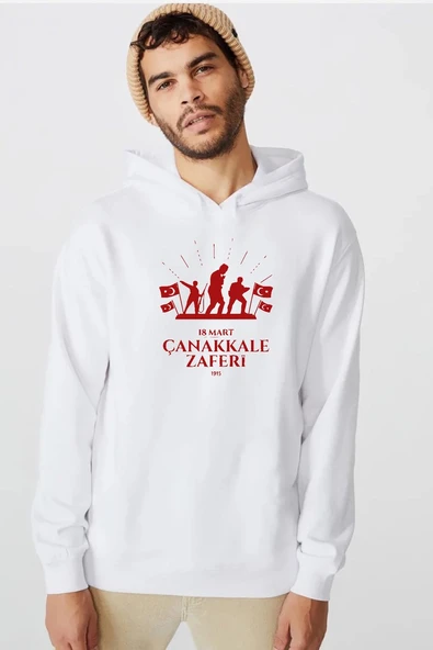 18 Mart Çanakkale Savaşı Red Beyaz Erkek 3ip Kapşonlu  Sweatshirt ürün görseli 1