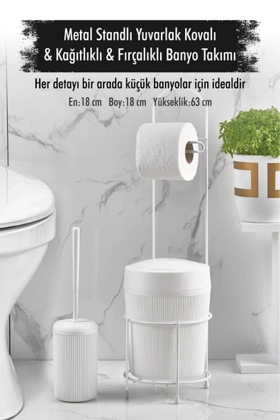 Metal Standlı Yuvarlak Kovalı & Kağıtlıklı & Fırçalıklı Beyaz Banyo Takımı ürün görseli 1