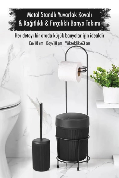 Metal Standlı Yuvarlak Kovalı & Kağıtlıklı & Fırçalıklı Siyah Banyo Takımı ürün görseli 1