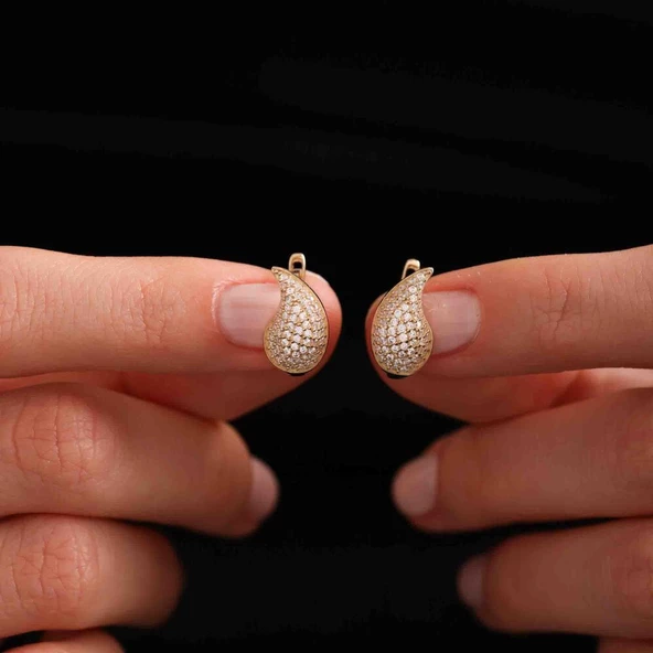 Altın Drop Küpe 1.5 cm Taşlı ürün görseli 1