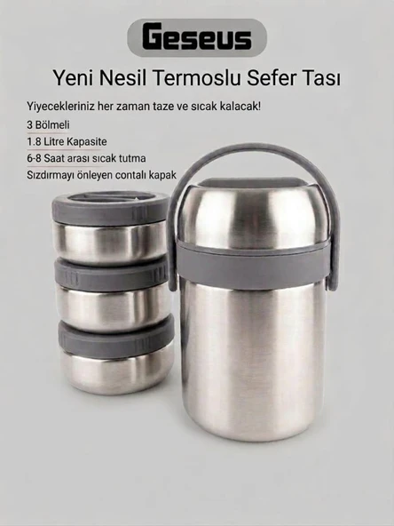 Geseus Çelik Yemek Termosu Sefer Tası 3 Bölmeli İç Dış Çelik ürün görseli 1