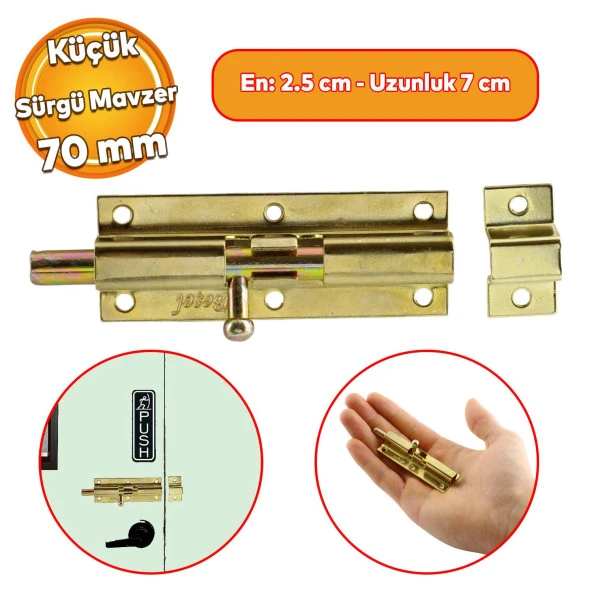 Küçük Mavzer Sürgü Sürgülü Sürgüsü Kilit Sarı 25x70 mm Kapı Pencere Emniyet Kilidi Metal Prinç Sarı ürün görseli 1