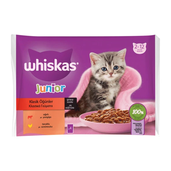 Whiskas Sığırlı Tavuklu Gravy Yavru Kedi Yaş Mama 4x85 Gr ürün görseli 1