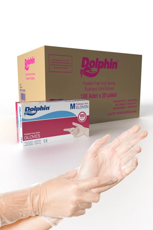 Dolphin Pudrasız Vinil Vinyl Tek Kullanımlık Eldiven Şeffaf Medium Orta Boy - 100'lü 20 Paket -Koli ürün görseli 1