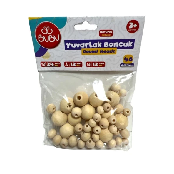 BU-BU 0.8cm-1cm-1.6cm- Ahşap Naturel Renk Yuvarlak Boncuk Karışık Poşetli 48li ürün görseli 1