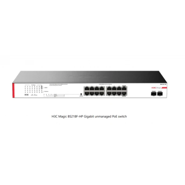 H3C Magic BS218F-HP, 18 Port, GigaBit, 16 Port PoE, 225W, 2 Port GigaBit Uplink, +2 Port GigaBit SFP, Metal Kasa, Yönetilemez, Rack Mount Switch ürün görseli 1