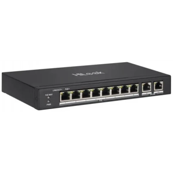 HILOOK NS-0310P-60B, 10Port, Megabit, 8 Port PoE, 60W, +2 Port Gigabit Uplink, Long Range 250Metre, Yönetilemez, Masaüstü Switch ürün görseli 1