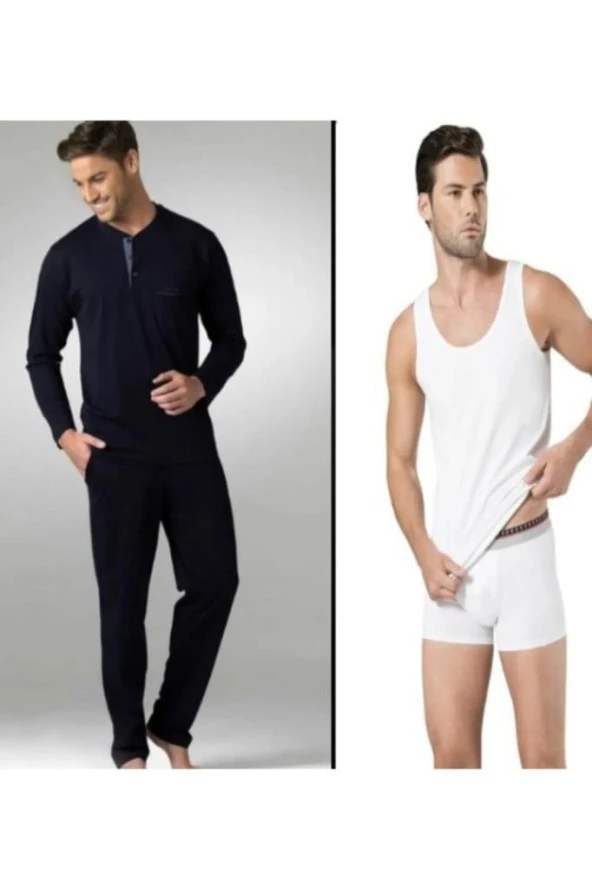 PİERRE CARDİN 5454 Lacivert Penye Uzun Kol Pijama Atlet Boxer Çeyiz  Pijama Takımı ürün görseli 1