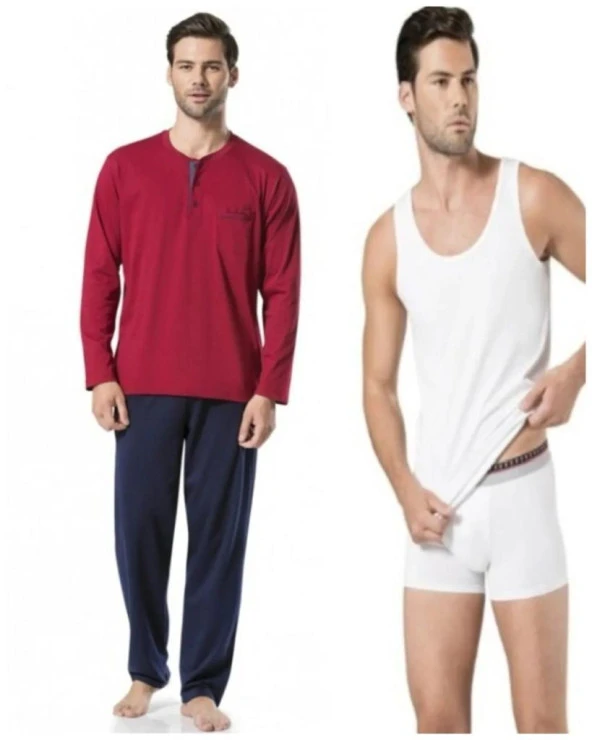 PİERRE CARDİN 5454 Bordo Penye Uzun Kol Pijama Atlet Boxer Çeyiz  Pijama Takım ürün görseli 1
