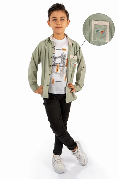 Çift Cepli Gömlek , Pantolon , T-Shirt  3Parça Pamuklu Erkek Çocuk Takım MNK965 ürün görseli 1