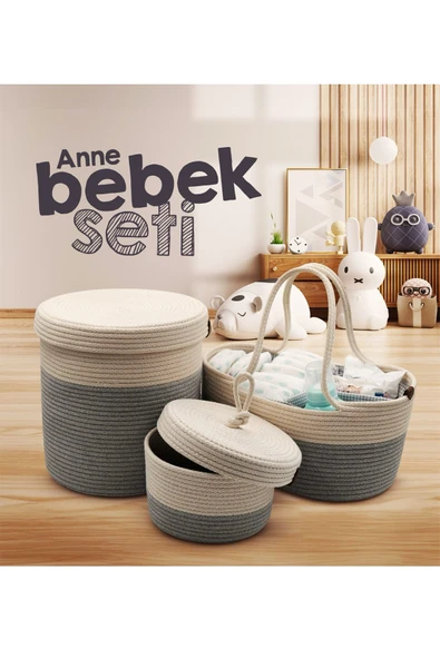 Jasper Jüt İp Hasır Gri Anne Bebek Bakım Çantası Anne Bebek Set Organizeri ürün görseli 1