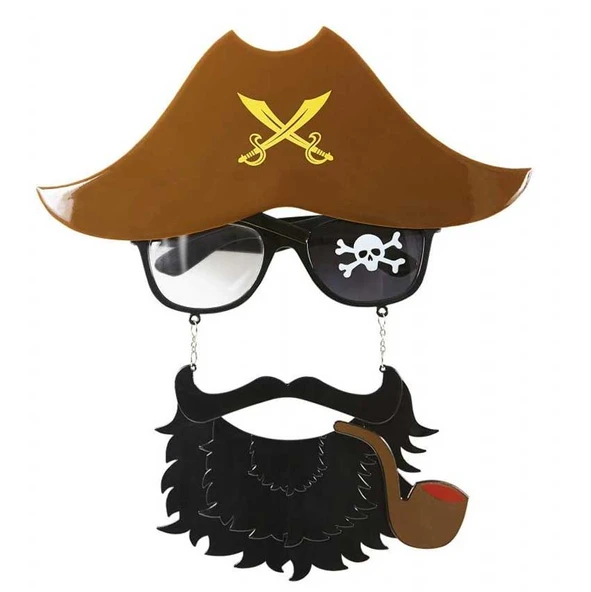 Kahve Renk Şapkalı Siyah Sakallı Pipolu Jack Sparrow Denizci Korsan Gözlüğü 24x25 cm ürün görseli 1