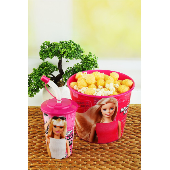 Barbie Mısır & Popcorn Kutusu+Kapaklı Pipetli Bardak 400 ml. ürün görseli 1