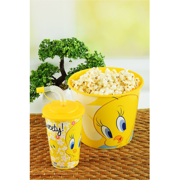 Tweety Mısır & Popcorn Kutusu+Kapaklı Pipetli Bardak 400 ml. ürün görseli 1