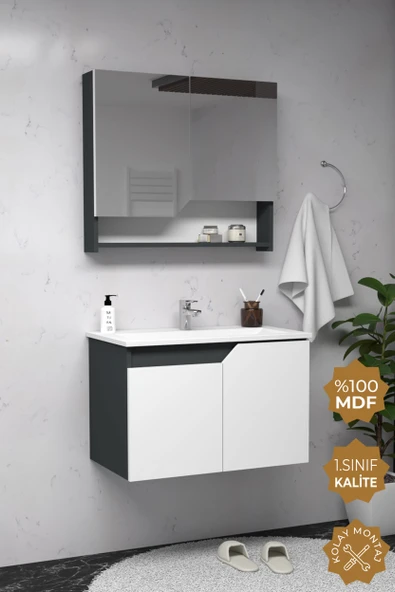 Teta Home Napoli 65 cm MDF Banyo Dolabı Seti  Antrasit-Beyaz ürün görseli 1