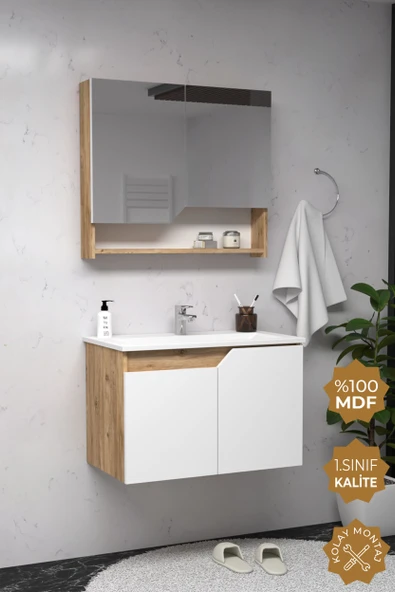 Teta Home Napoli 80 cm MDF Banyo Dolabı Seti  Atlantik Çam-Beyaz ürün görseli 1