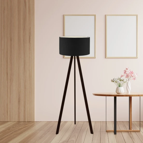 Art Tripod Ahşap Ayaklı Lambader Köşe Lambası Siyah Kumaş DARK ürün görseli 1