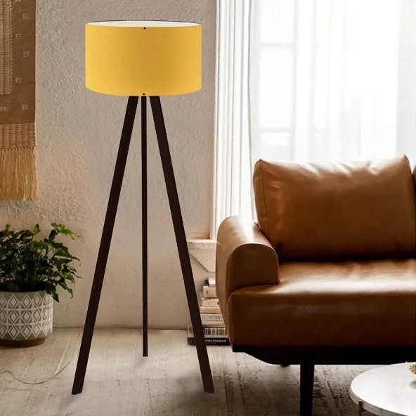 Art Tripod Ahşap Ayaklı Lambader Köşe Lambası Sarı Kumaş Salon Oturma Odası ürün görseli 1