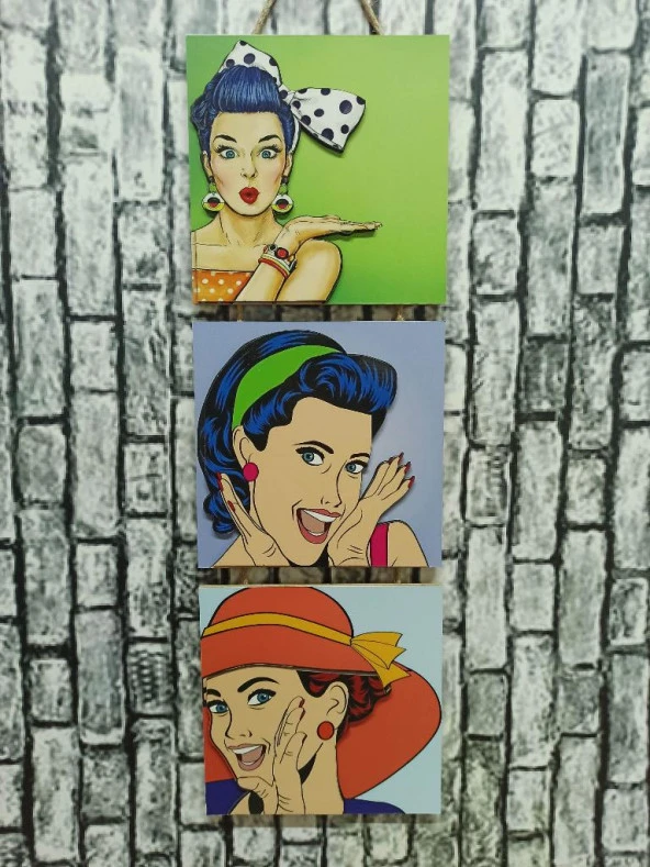 Retro Time Pretty Woman Kabartmalı Baskılı 3'lü Tablo Vintage ürün görseli 1