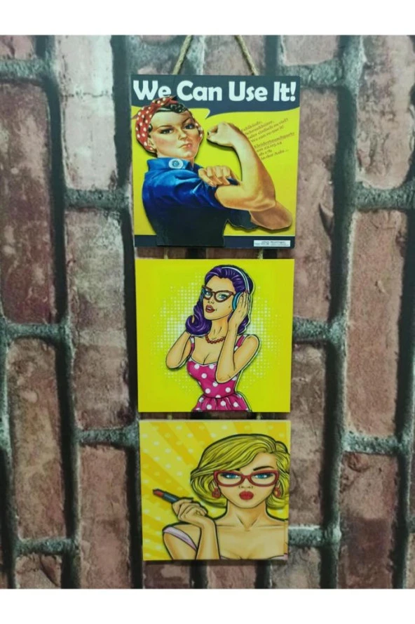 Retro Time Kadın Kabartmalı Baskı 3'lü Tablo Woman ürün görseli 1