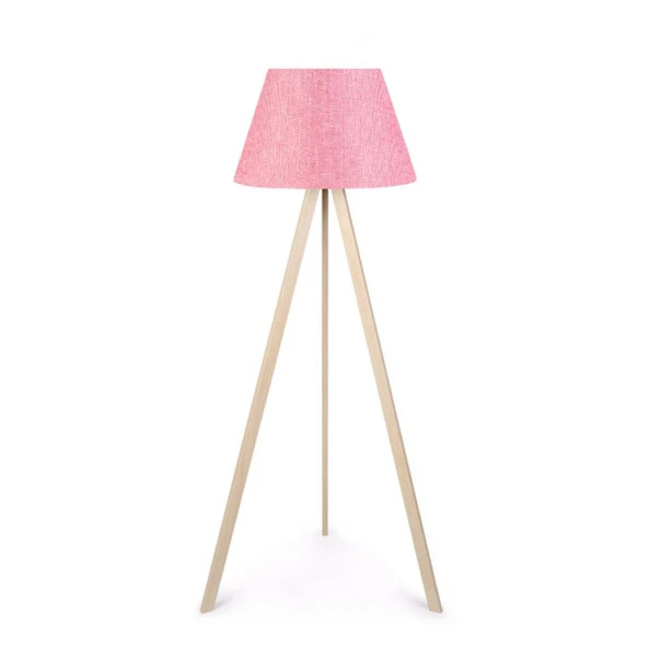 Ahşap Üç Ayaklı Tripod Lambader Pembe Kumaş ürün görseli 1