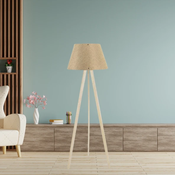 Ahşap Tripod Lambader Kum Beji Konik Kumaş Başlık Salon Otel Yatak Odası Cafe Köşe Lambası ürün görseli 1