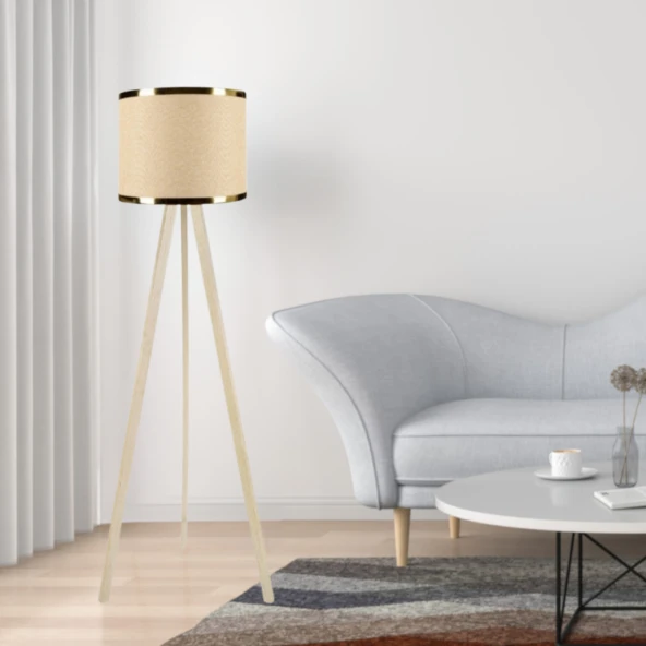 Krem Ahşap Üç Ayaklı Tripod Lambader Bej Kumaş Hazır Başlık Gold Şeritli Köşe Lambası ürün görseli 1